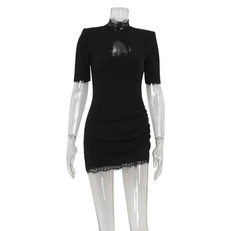 Lace Patchwork Hollow Out Bodycon Sheath High Collar Women Dresses Half Sleeves Outfits Sexy Club Fashion Female Mini Vestidos - Image 4